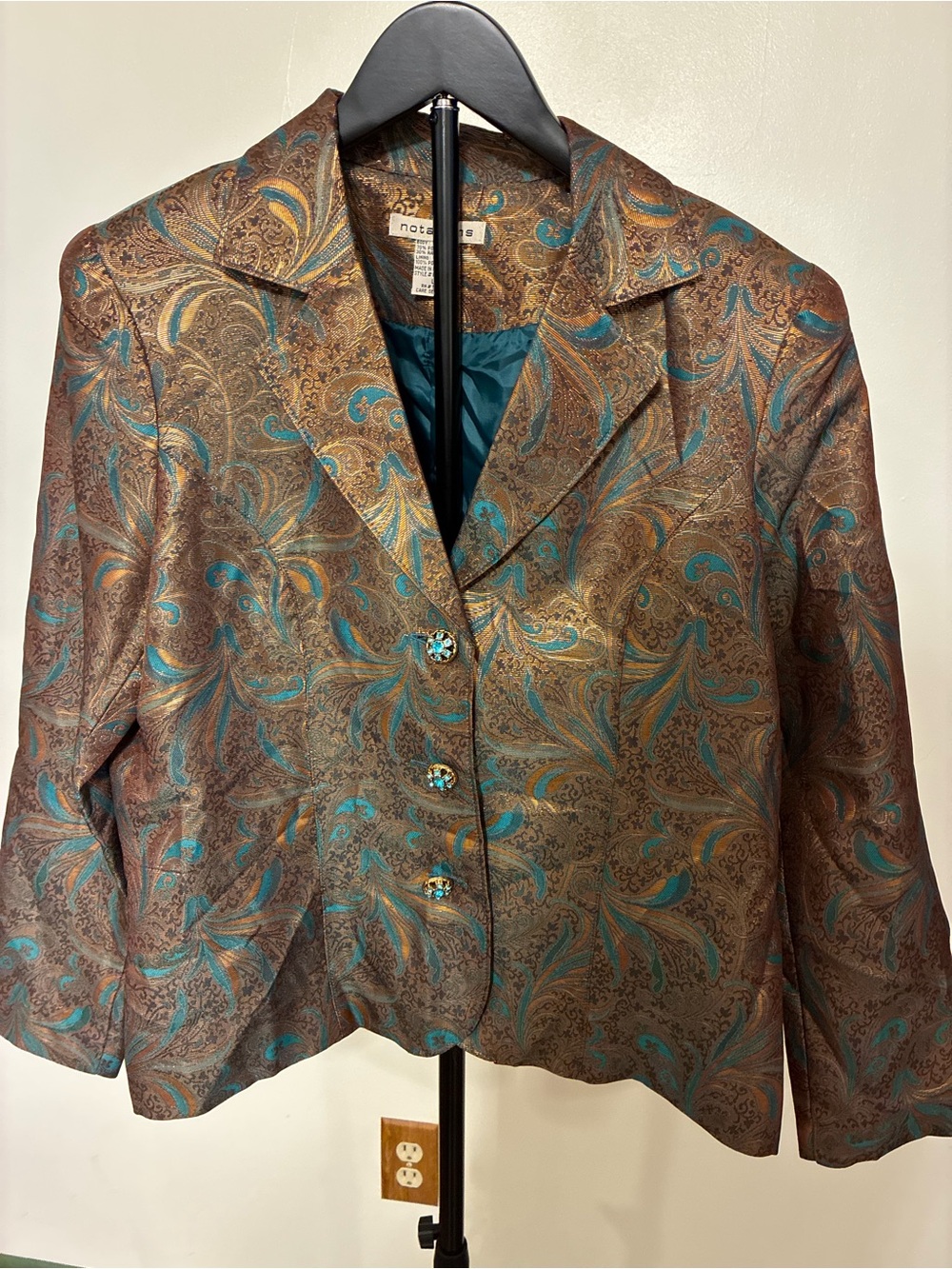 Notations Metallic Paisley Brocade Blazer Jacket Teal Bronze Jewel Buttons large